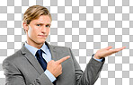 A handsome businessman standing alone in the studio and looking skeptical while pointing at a promotion isolated on a png background