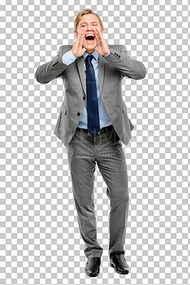Buy stock photo Business man, shout and hands on mouth portrait for announcement or communication. Happy male person isolated on transparent, png background for attention, voice or opinion and broadcast or feedback