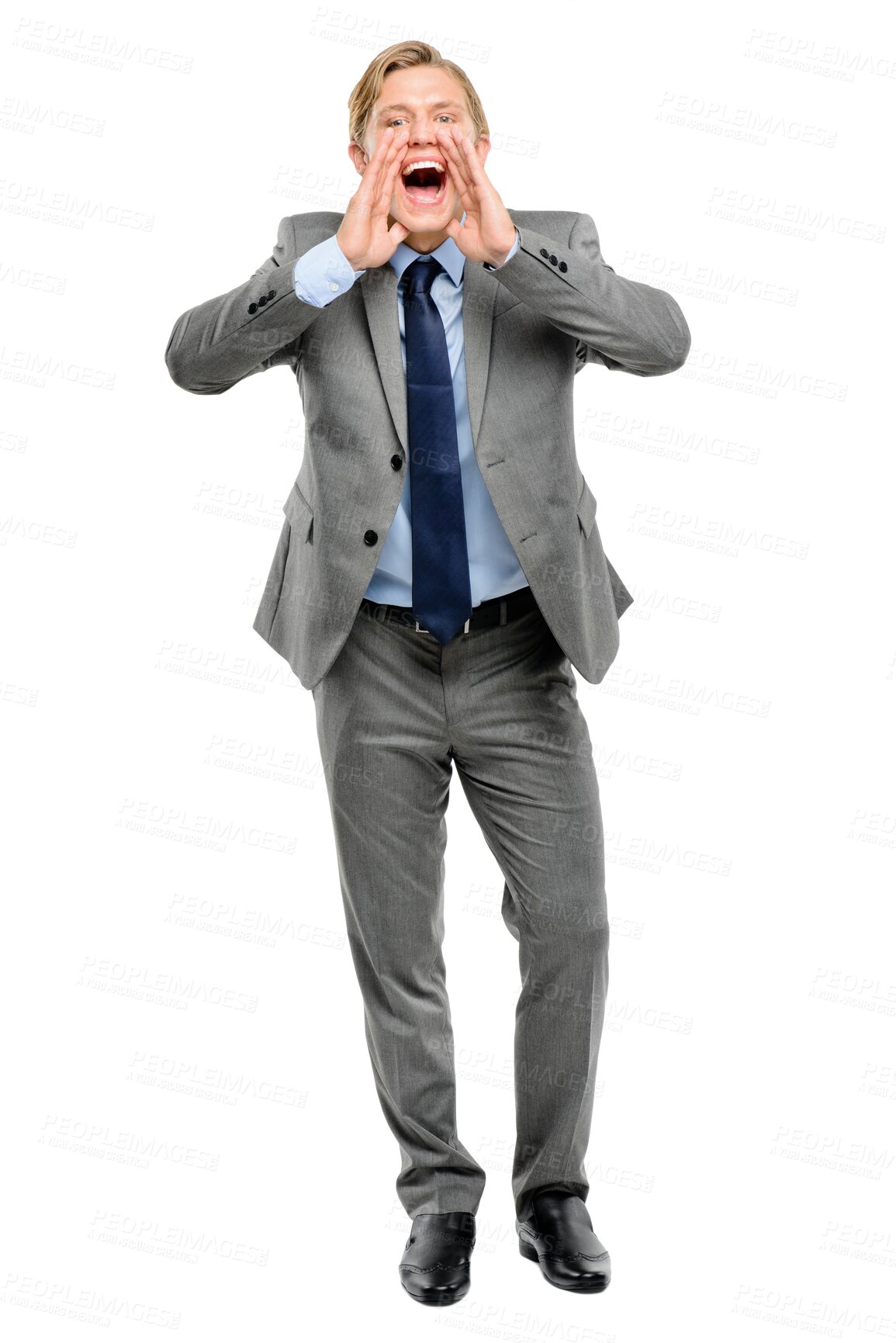 Buy stock photo Business man, shout and hands on mouth portrait for announcement or communication. Happy male person isolated on transparent, png background for attention, voice or opinion and broadcast or feedback