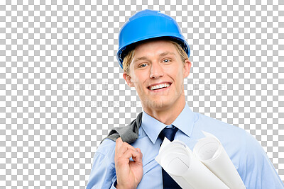 Buy stock photo Isolated architect man, portrait and smile with blueprint, paper and plan by transparent png background. Engineer, architecture expert or excited for inspiration, real estate or property development