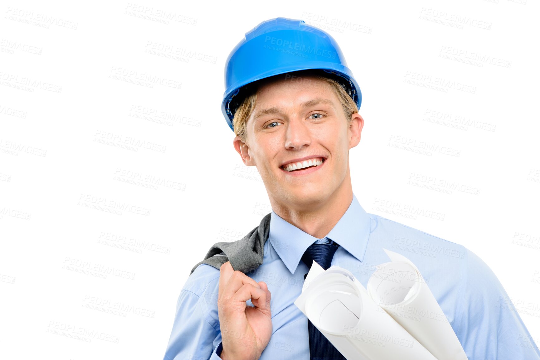 Buy stock photo Isolated architect man, portrait and smile with blueprint, paper and plan by transparent png background. Engineer, architecture expert or excited for inspiration, real estate or property development