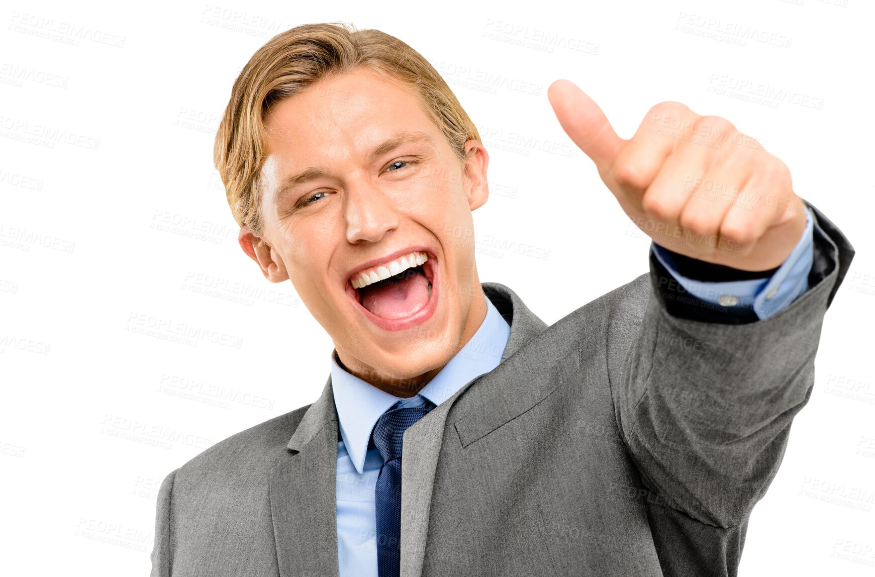 Buy stock photo Happy, thumbs up and portrait of businessman with success, thank you and motivation. Smile, excited and a corporate employee with a like emoji hand for support isolated on transparent png background