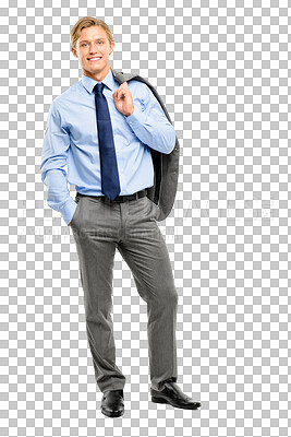 Buy stock photo Happy, portrait of a businessman pose with a smile and isolated against a transparent png background. Happiness or excited, corporate and young male accountant posing smiling for success with suit