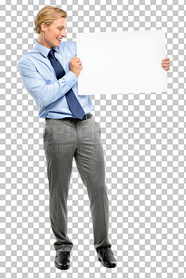 Buy stock photo Excited, sign and business man with poster isolated on a transparent png background. Holding mockup, smile and male professional with marketing space, advertising or branding for promotion commercial
