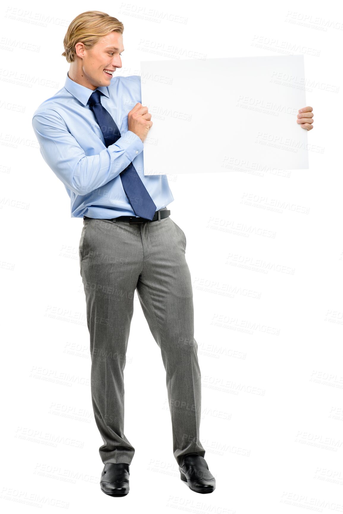 Buy stock photo Excited, sign and business man with poster isolated on a transparent png background. Holding mockup, smile and male professional with marketing space, advertising or branding for promotion commercial
