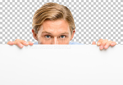Buy stock photo Peek, portrait and man with poster isolated on a transparent png background. Mockup, face and male person peeking on banner for marketing, advertising sign or branding for promotion commercial.