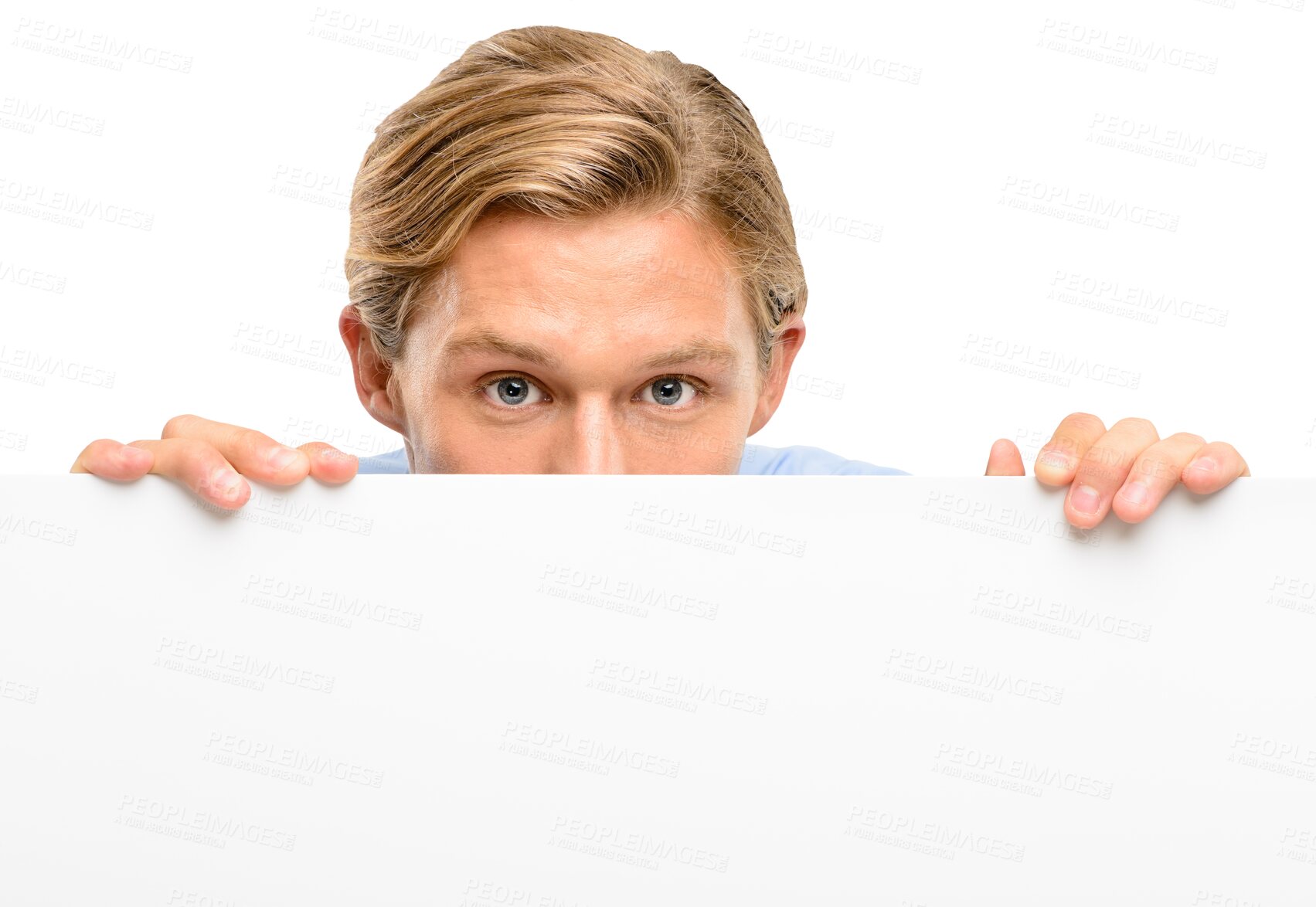 Buy stock photo Peek, portrait and man with poster isolated on a transparent png background. Mockup, face and male person peeking on banner for marketing, advertising sign or branding for promotion commercial.