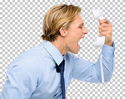 Buy stock photo Angry businessman, telephone and screaming for scam isolated on a transparent PNG background. Frustrated man, salesman or employee yelling on phone in anger management for communication or problem