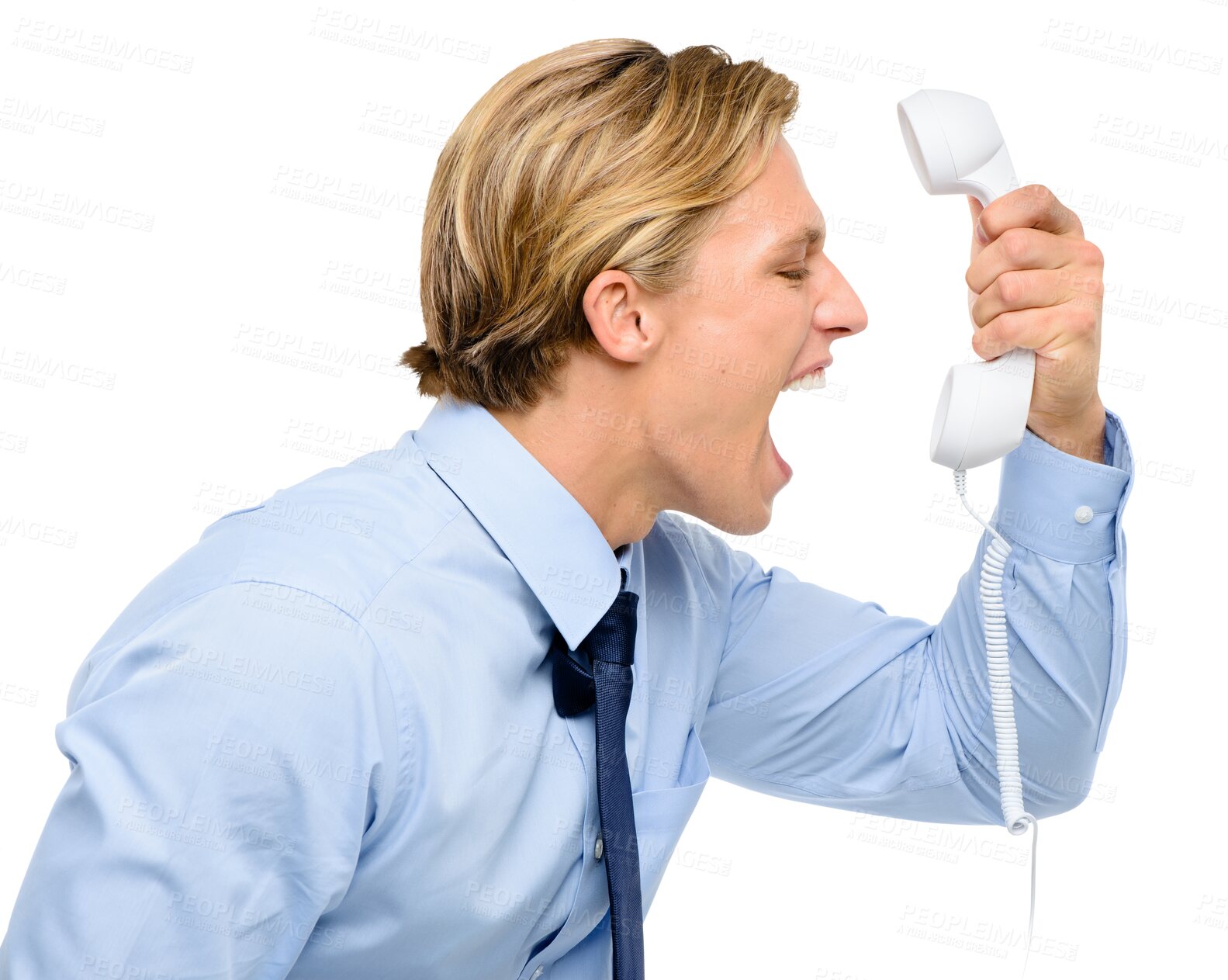Buy stock photo Angry businessman, telephone and screaming for scam isolated on a transparent PNG background. Frustrated man, salesman or employee yelling on phone in anger management for communication or problem