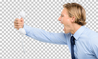Buy stock photo Frustrated, businessman and yelling at telephone at work in png with isolated or transparent background with agent. Angry, scream and scam with professional male with stress on phone call and spam.