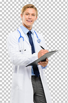 Buy stock photo Happy man, portrait and doctor writing on clipboard for healthcare isolated on a transparent PNG background. Male person or medical professional standing with notes in health advice or life insurance