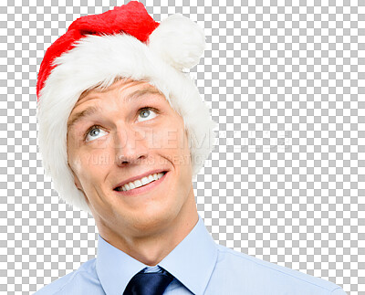 Buy stock photo Thinking, Christmas hat and business man with ideas, brainstorming and creative planning. Corporate person or worker with holiday, gift idea and funny face isolated on transparent png background