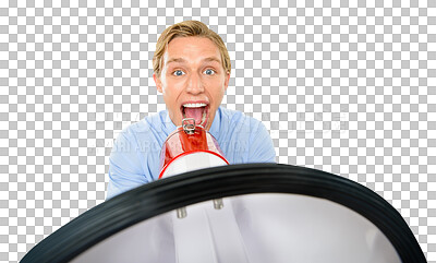 Buy stock photo Excited, shouting and portrait of a businessman with a megaphone for communication or announcement. News, alert and corporate man with crazy voice in a speaker isolated on transparent png background