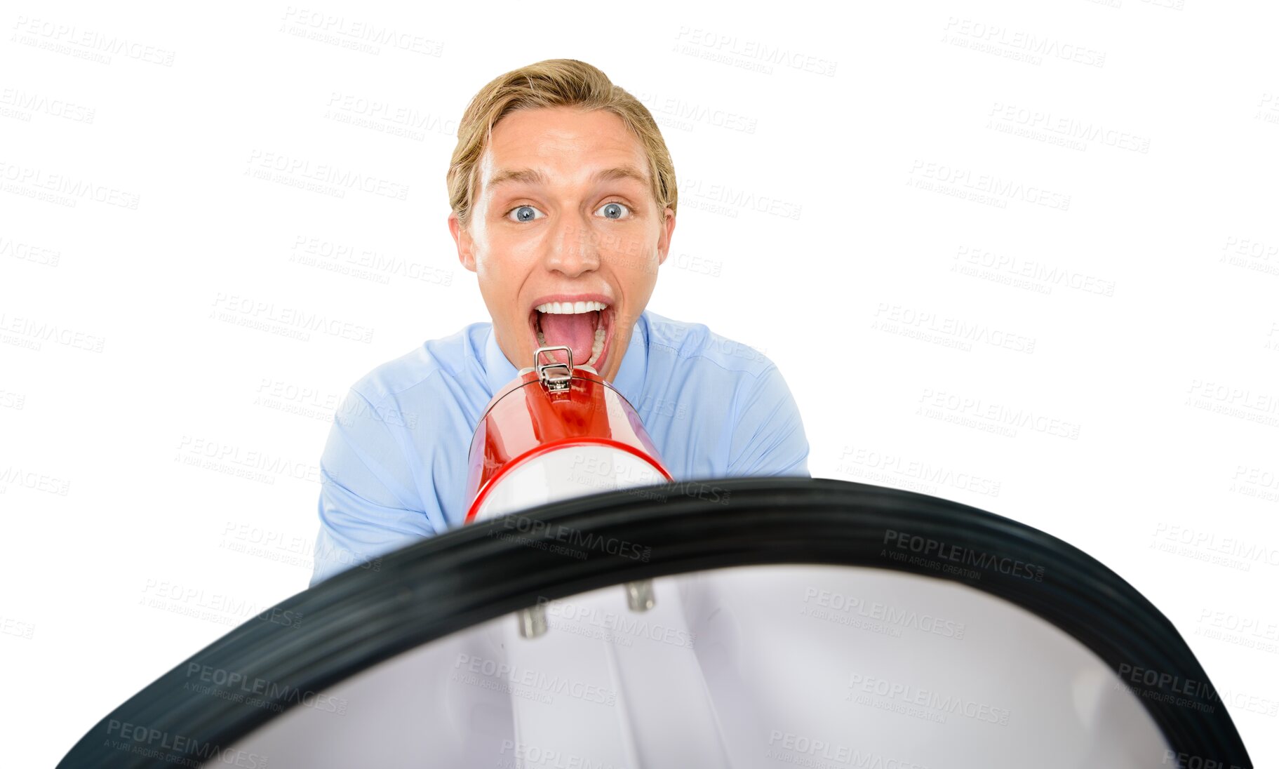 Buy stock photo Excited, shouting and portrait of a businessman with a megaphone for communication or announcement. News, alert and corporate man with crazy voice in a speaker isolated on transparent png background
