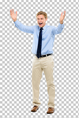 Buy stock photo Happy, celebration and businessman with success, achievement or career goals with good news. Winner, smile and excited professional male lawyer winning isolated by a transparent png background.