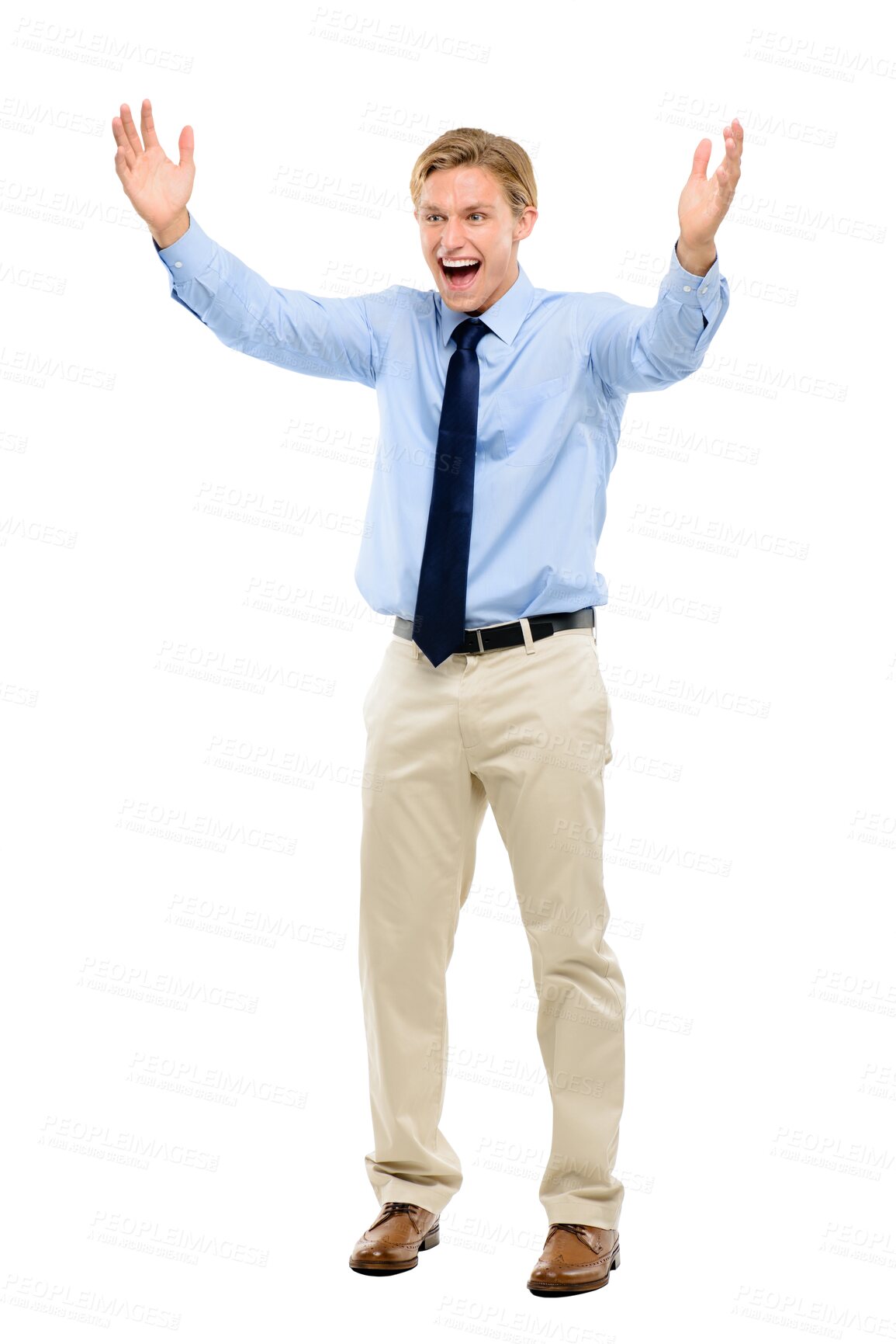Buy stock photo Happy, celebration and businessman with success, achievement or career goals with good news. Winner, smile and excited professional male lawyer winning isolated by a transparent png background.
