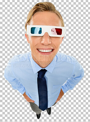 Buy stock photo 3d glasses, cinema and portrait of happy man with a smile with virtual reality equipment for movie. Confident, excited and face of male model with vr eyewear isolated by a transparent png background.