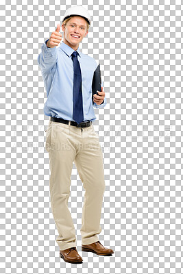 Buy stock photo Portrait, thumbs up and support with a construction worker man isolated on transparent background. Planning, architecture or motivation with a happy engineer on PNG saying yes to a building project