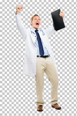 Buy stock photo Winning, celebration and doctor or man in yes, wow and excited for healthcare results or success. Celebrate, cheers and fist of medical person for service goals isolated on transparent png background