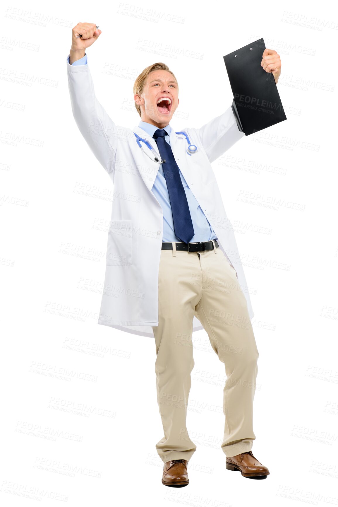 Buy stock photo Winning, celebration and doctor or man in yes, wow and excited for healthcare results or success. Celebrate, cheers and fist of medical person for service goals isolated on transparent png background