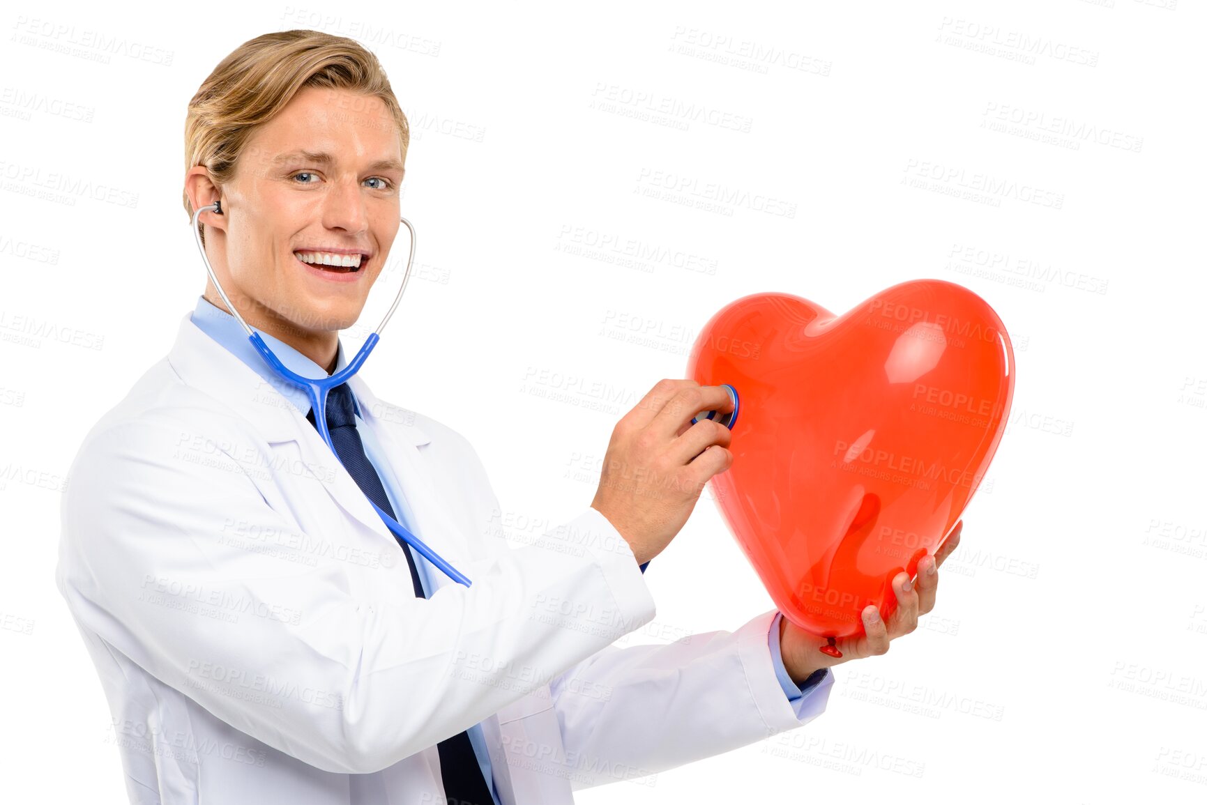Buy stock photo Heart, stethoscope and portrait of doctor with cardiovascular check, healthcare exam or service. Happy medical man or cardiologist listening to cardiology emoji isolated on transparent png background