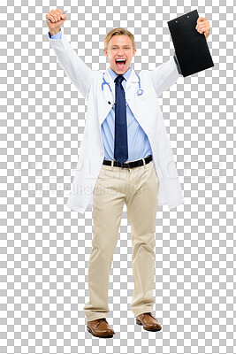 Buy stock photo Happy, portrait of a doctor celebrating with a clipboard and isolated against a transparent png background. Happiness, success and excited man surgeon or nurse with celebration for good news