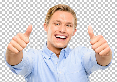 Buy stock photo Thank you, portrait of a man with his thumbs up and isolated against a transparent png background. Achievement or success, winner and male person with hand gesture posing for happiness with smile