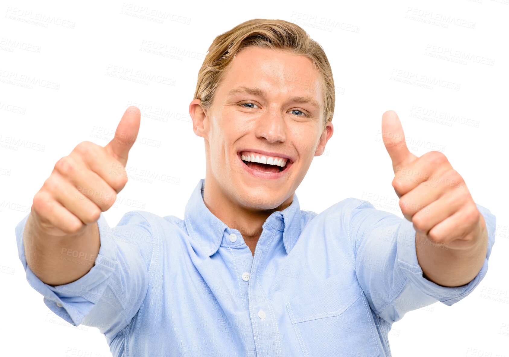 Buy stock photo Thank you, portrait of a man with his thumbs up and isolated against a transparent png background. Achievement or success, winner and male person with hand gesture posing for happiness with smile