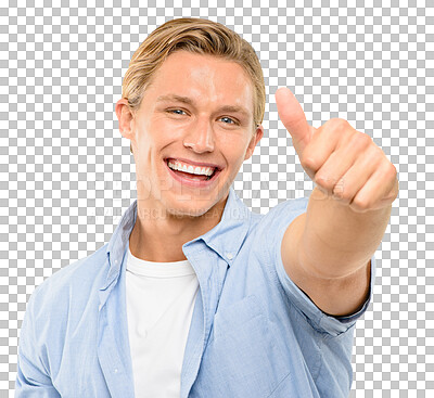 Buy stock photo Thumbs up, success and portrait of man winning, thank you or vote, yes and like sign or emoji. Happy face of young person in USA for okay, subscribe or good job isolated on transparent png background