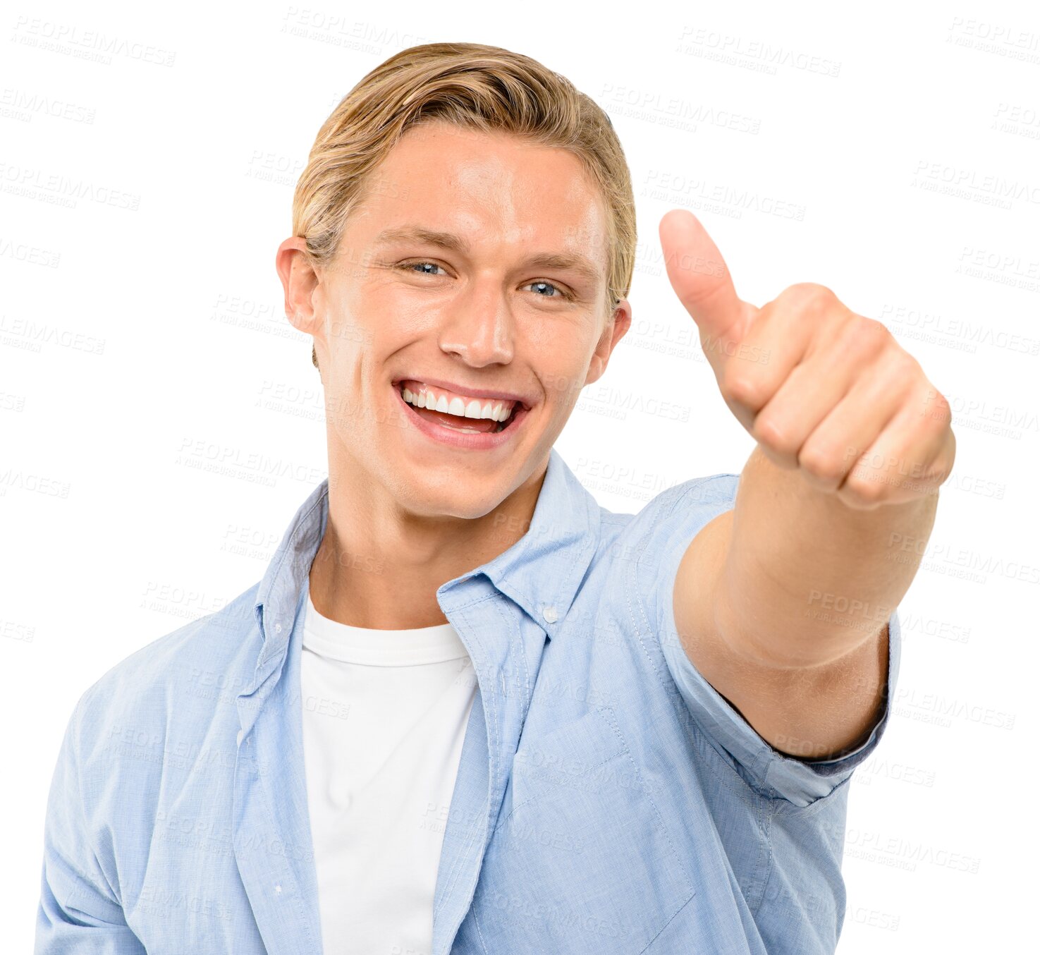 Buy stock photo Thumbs up, success and portrait of man winning, thank you or vote, yes and like sign or emoji. Happy face of young person in USA for okay, subscribe or good job isolated on transparent png background