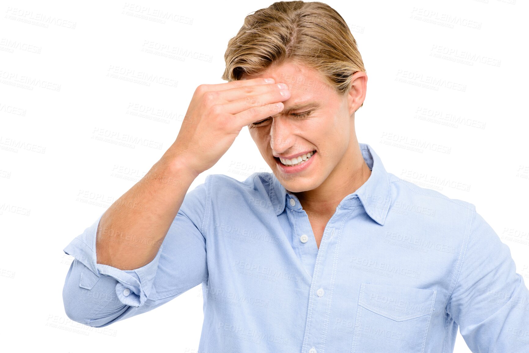 Buy stock photo Headache, stress and business man with pain, frustrated and angry of mistake in accounting. Migraine, anger and health risk of corporate person in tax or audit isolated on transparent, png background