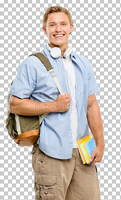 Buy stock photo Isolated student man, backpack and portrait with book, smile or education by transparent png background. Young guy, excited and happy for study, future and mindset for learning, university and goals