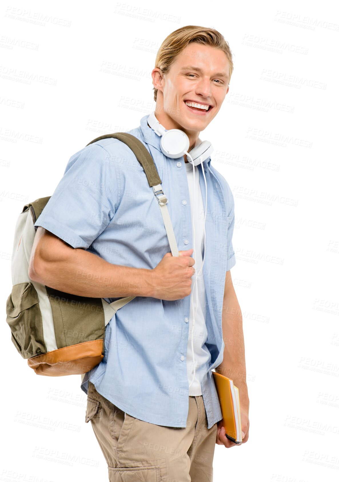 Buy stock photo Backpack, portrait and happy man or student in university, school and education, study or scholarship. Young person in college with notebook, bag and headphones isolated on transparent png background