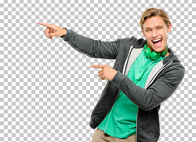 Buy stock photo Happy, portrait of man and pointing with hands for a promotion, deal or choice on transparent, isolated or png background. Person and excited student gesture to advertising, information or offer