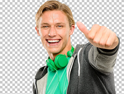 Buy stock photo Thank you, portrait of a man with his thumbs up and headphones isolated against a transparent png background. Achievement or happy, winner and male person with hand gesture for success with smile