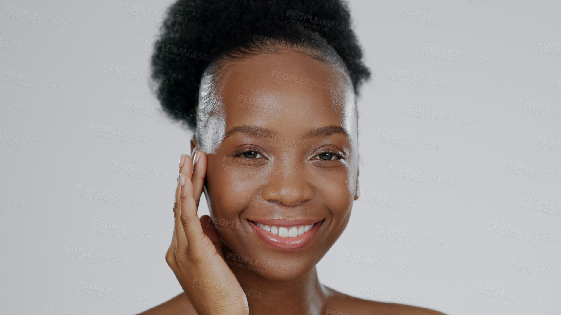 Buy stock photo Face, skincare and hands of happy black woman in studio isolated on gray background mockup space. Portrait, natural cosmetics and African model touch skin in spa facial treatment, wellness or health