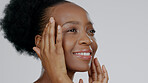 Hands on face, black woman and beauty with skincare glow, happy model and cosmetic care on studio background. Moisturizer, female and healthy skin, dermatology with luxury spa treatment in mockup