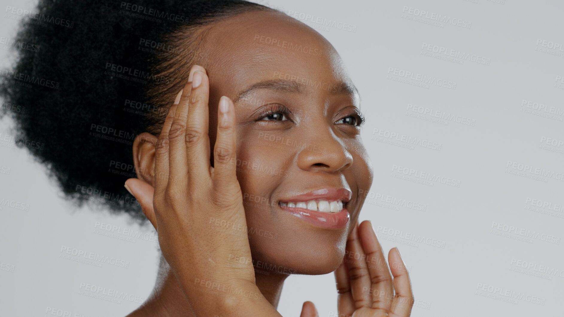 Buy stock photo Face, model and hands with skincare for glow, happiness and cosmetic for facial in studio background. Black woman, healthy skin and dermatology with self care, spa treatment and aesthetic in mockup