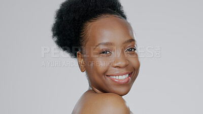 Buy stock photo Face, skincare and beauty of happy black woman in studio isolated on a gray background mockup space. Portrait, natural cosmetics and African model in spa facial treatment, wellness and skin health