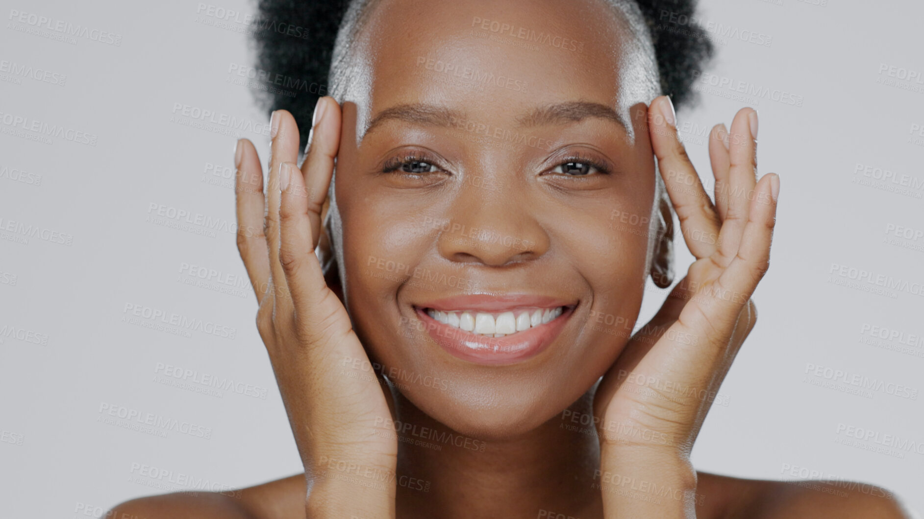 Buy stock photo Face touch, skincare and happy black woman in studio isolated on a gray background for dermatology. Portrait, hands and natural beauty cosmetics of model in spa facial treatment, wellness and health