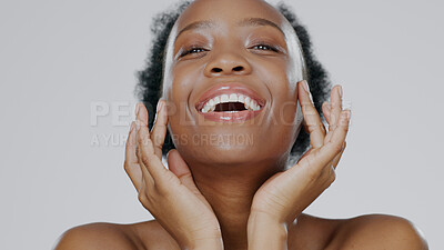Buy stock photo Black woman, portrait and beauty with skincare, facial with natural cosmetics on white background. Face, dermatology and African model with smile, moisturizer and treatment for skin glow in studio