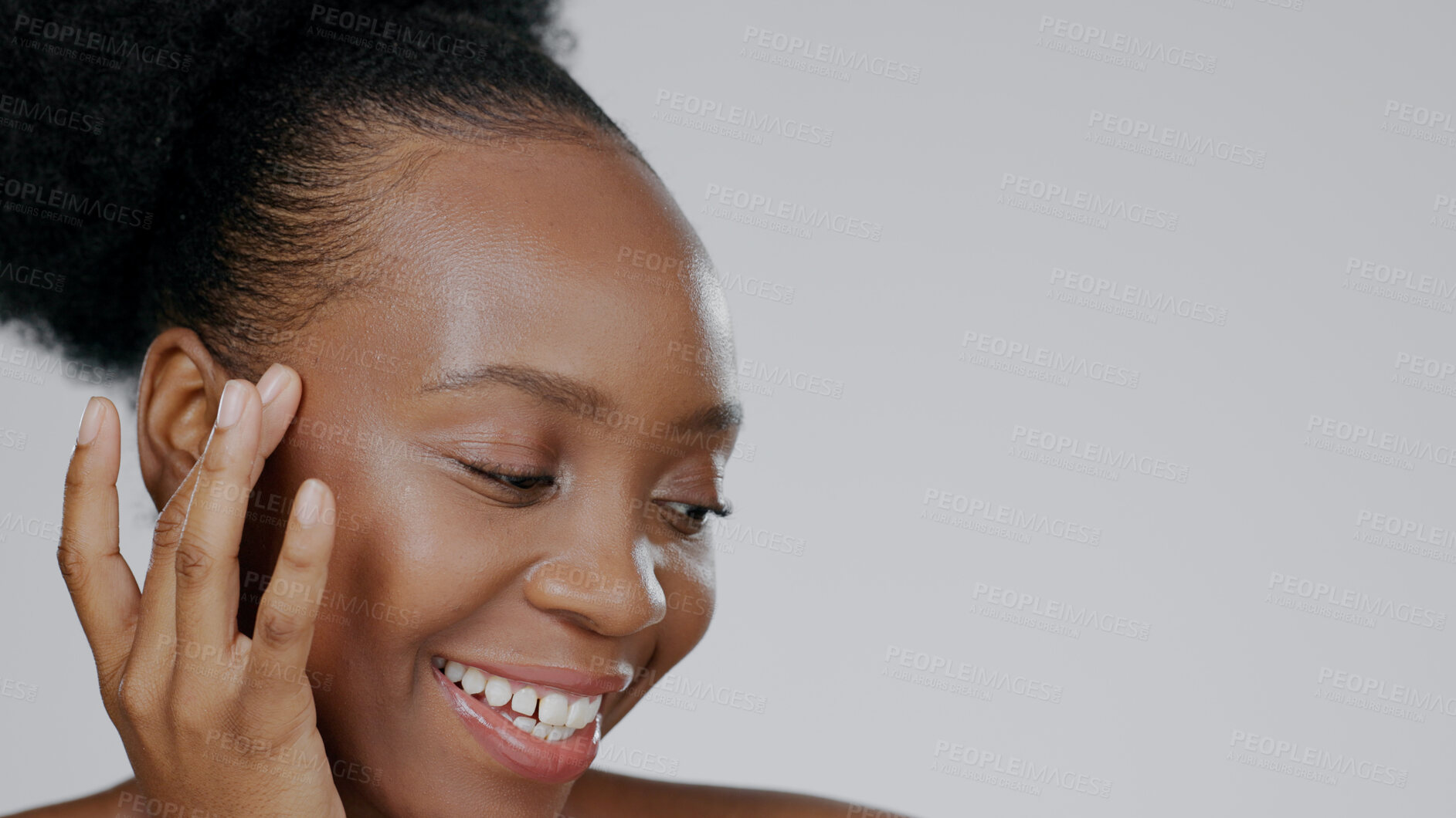 Buy stock photo Black woman, face and beauty with skincare, cream for facial with natural cosmetics on white background. Mockup space, dermatology and African model with smile, moisturizer and treatment in studio
