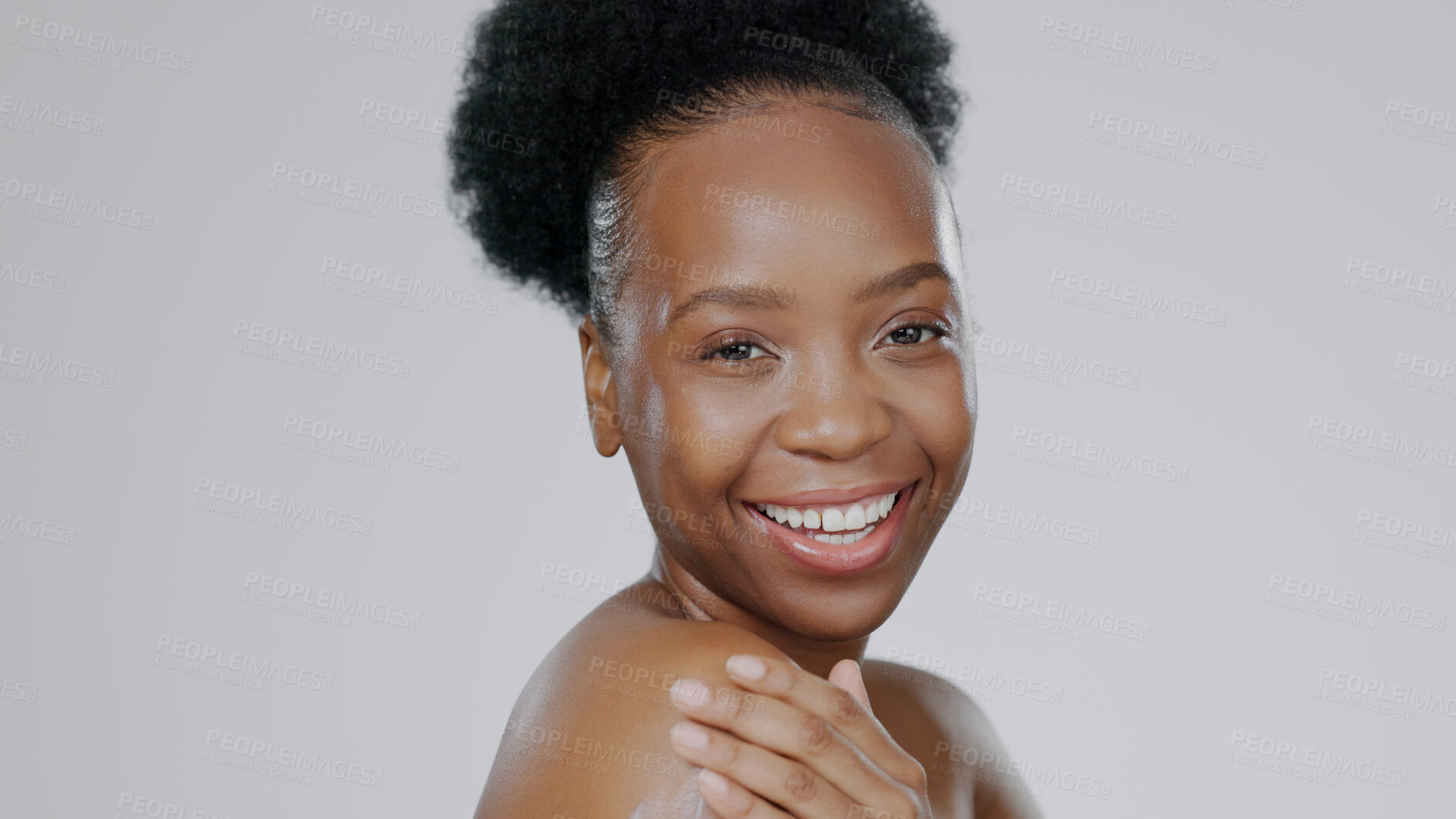 Buy stock photo Portrait, beauty and smile with a happy black woman in studio on a gray background for natural wellness. Skincare, aesthetic or cosmetics with a happy young model closeup for antiaging face treatment