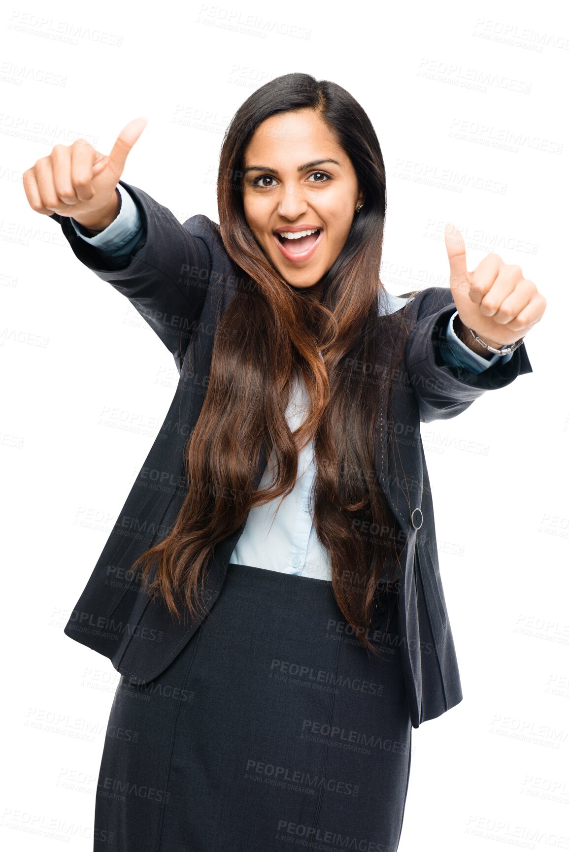 Buy stock photo Excited, portrait and a woman in business with a thumbs up for motivation, success and thank you. Happy, support and a worker with a like emoji for a goal isolated on a transparent png background
