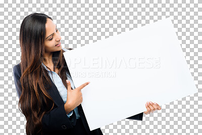 Buy stock photo Business woman, pointing and paper or poster mockup isolated on a transparent, png background. Female person show banner or blank sign for advertising promotion, announcement and brand or logo
