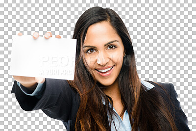 Buy stock photo Business card, mockup and portrait of a woman with a smile isolated on a transparent, png background. Face of person with blank paper in hand for corporate advice, contact us and advertising space
