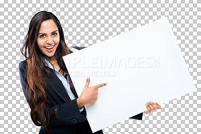 Buy stock photo Business woman, pointing and poster mockup portrait isolated on a transparent, png background. Female person show banner or blank paper for advertising promotion, announcement and brand or logo sign
