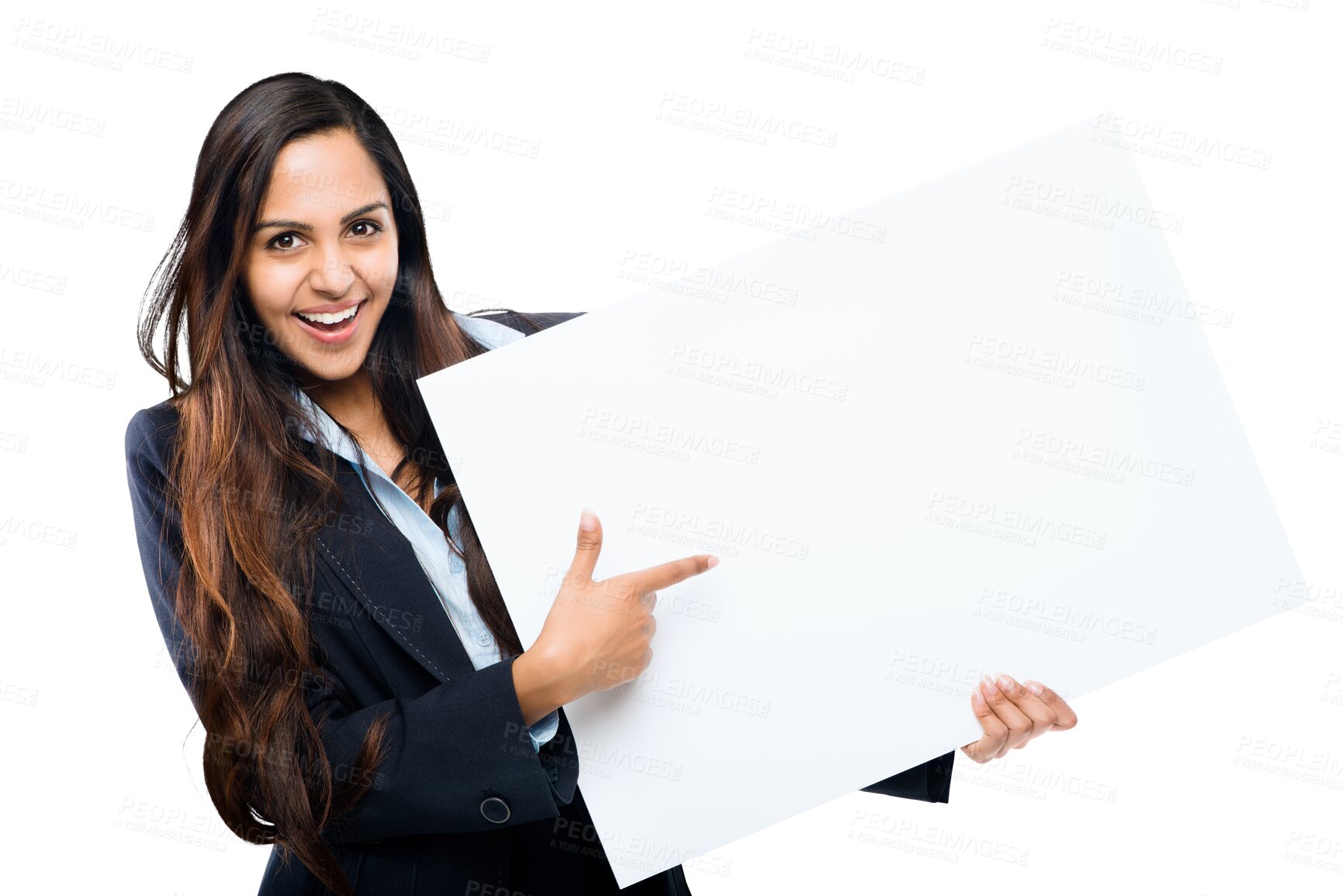 Buy stock photo Business woman, pointing and poster mockup portrait isolated on a transparent, png background. Female person show banner or blank paper for advertising promotion, announcement and brand or logo sign
