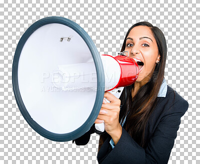 Buy stock photo Megaphone, portrait or business woman shouting with voice on speaker isolated on transparent png background. Professional screaming on loud bullhorn for announcement, breaking news or protest speech