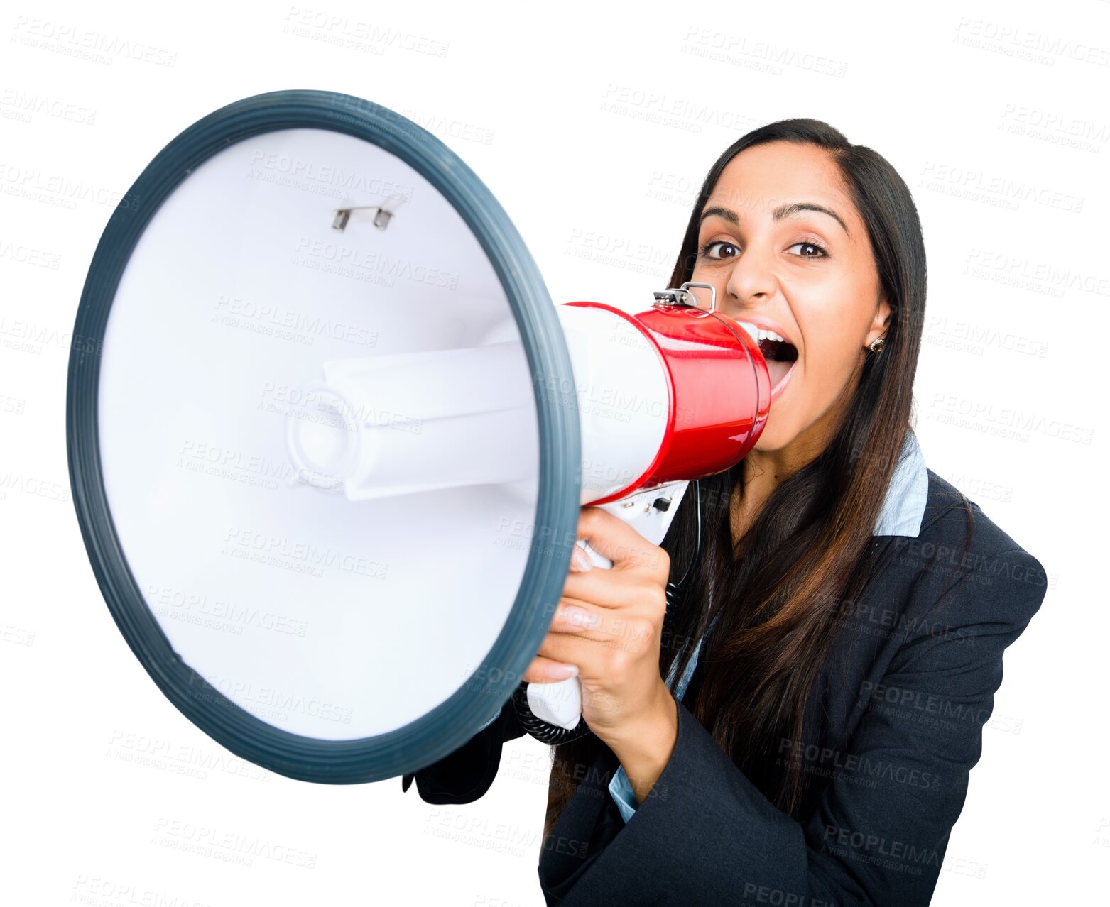 Buy stock photo Megaphone, portrait or business woman shouting with voice on speaker isolated on transparent png background. Professional screaming on loud bullhorn for announcement, breaking news or protest speech